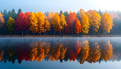 Autumn forest reflection in calm lake waters. © ANAKRANTAU