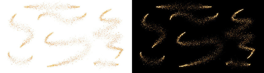 Golden sparkle trail swirl with glowing glitter particles on dark background ideal for design in PNG, Transparent and Black Background Versions © Crafter