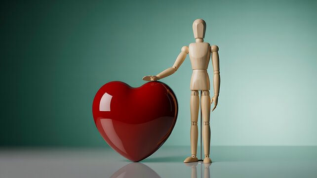 Wooden mannequin standing beside red heart symbol representing love care and compassion