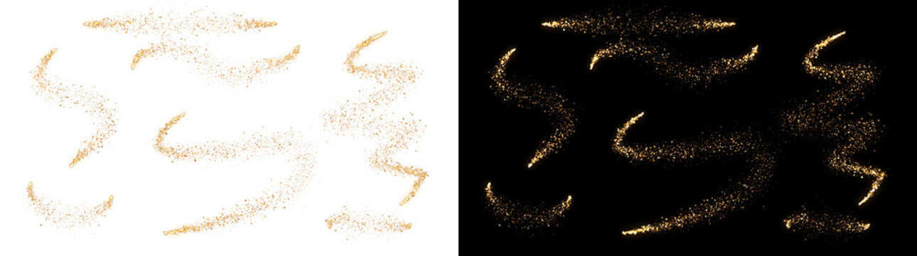 Golden sparkle trail swirl with glowing glitter particles on dark background ideal for design in PNG, Transparent and Black Background Versions