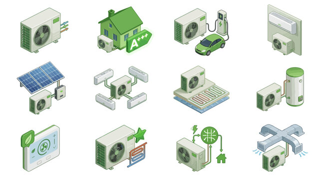 Isometric illustration of various air conditioning units and systems.