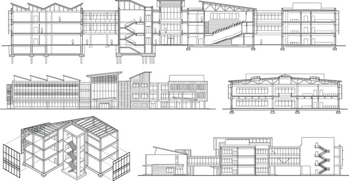 Modern Building Section CAD Drawing Collection with Architectural Technical Vector Elevation Views