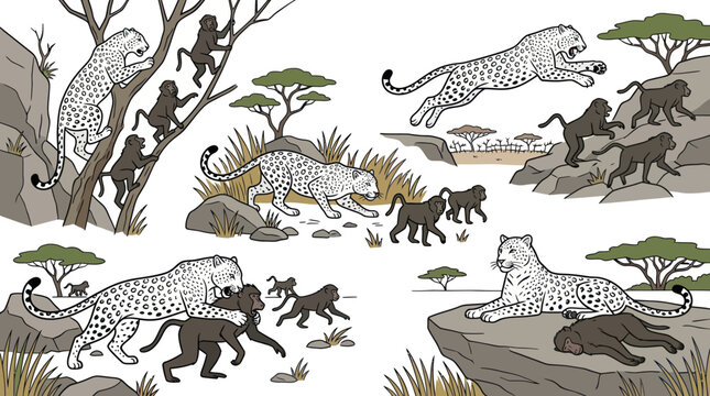Leopards and monkeys in African savanna.