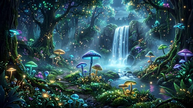 Magical fantasy forest filled with giant glowing mushrooms, cascading crystal waterfall, shimmering mist, floating fairy lights, 4K video