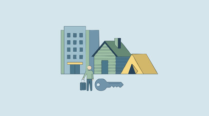 Illustration of traveler with luggage considering various accommodation options