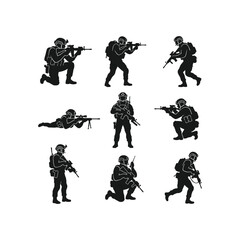 Obraz premium Military Soldier Silhouette Icons and Tactical Poses Set