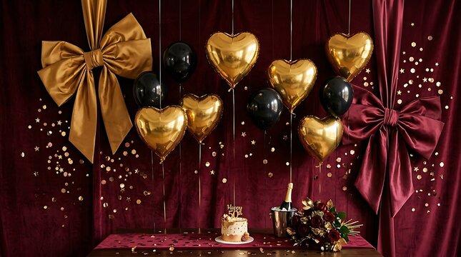 Elegant happy birthday celebration background with golden heart balloons and festive dark red decorations for a party