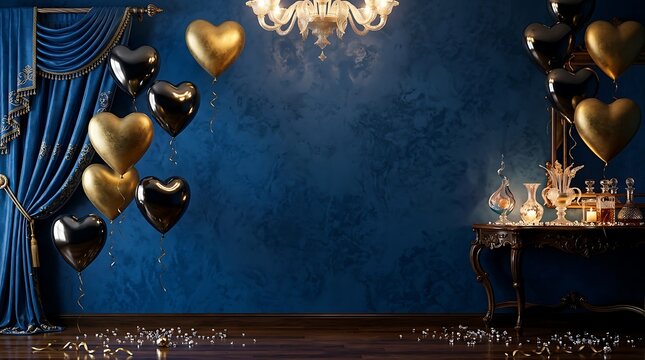 Elegant happy birthday party background with golden heart balloons and blue curtains for festive celebration photography studio