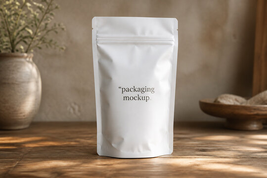 A white mockup pouch sits on a wooden table with plants and a bowl in the background.
