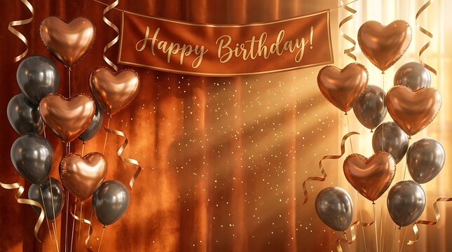 Festive happy birthday background with golden heart shaped balloons and sparkling lights for a celebration party