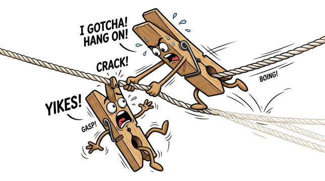 Cartoon clothes pegs hanging on a rope with funny expressions