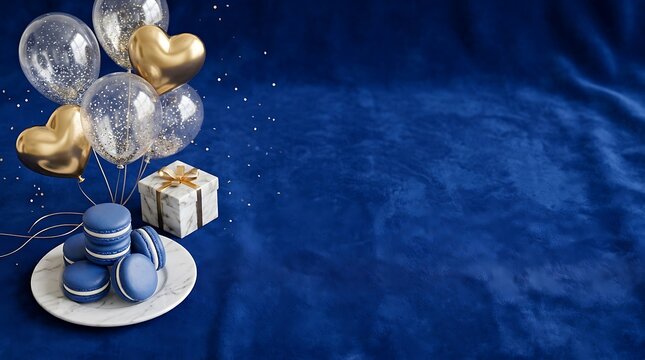 Elegant happy birthday celebration background with blue macarons and gold balloons on a dark blue velvet texture