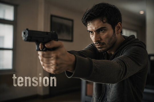 A man aiming a gun indoors with an intense expression.