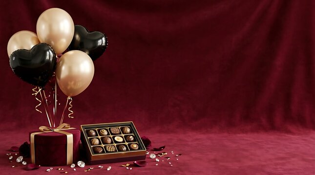 Elegant happy birthday background with gold and black balloons and gift boxes on a deep red surface
