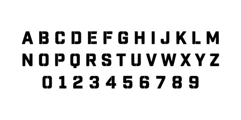 Fototapeta premium Alphabet and Numbers in a Bold, Blocky, Pixelated Font Style Featuring Typography, Letters, Digits with Design and Vector