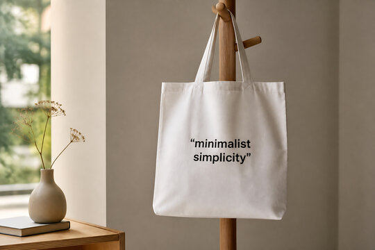 A white tote bag with "minimalist simplicity" text hangs on a wooden stand indoors.