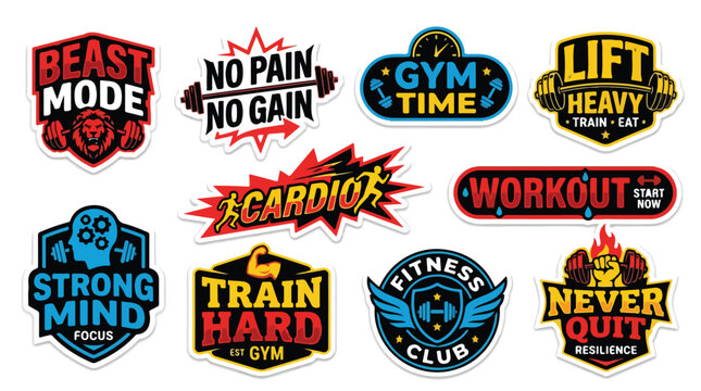 Fitness gym stickers and motivational workout labels, set of 10 bodybuilding badges, athletic training emblems for sports apparel isolated PNG with Transparent Background