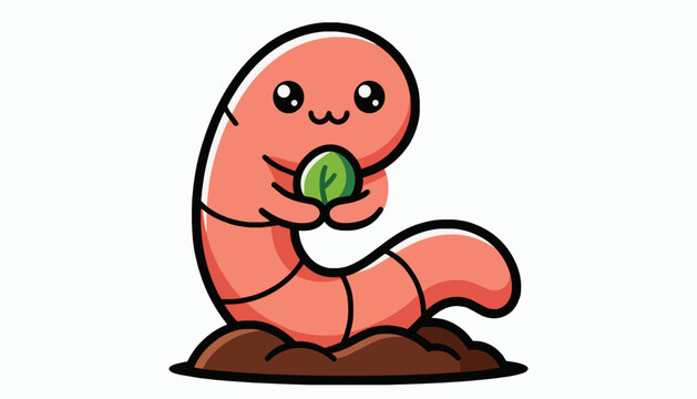 Cute pink earthworm character emerging from soil holding a green leaf