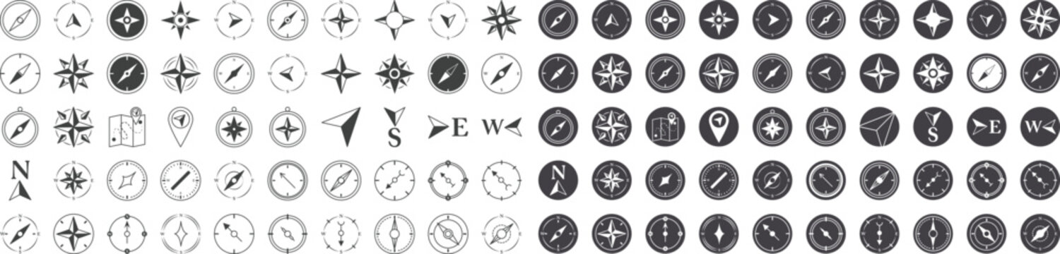 Comprehensive set of navigation compass icons and directional symbols in both line art and filled circular styles.