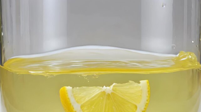 Fresh lemon slice falling into a glass of lemonade creating a refreshing splash in slow motion