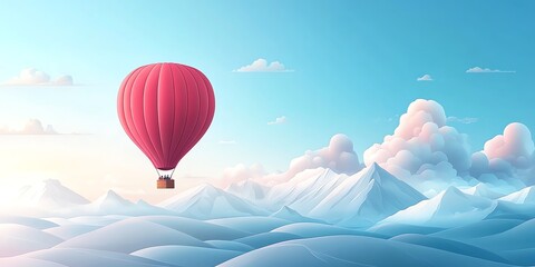 Obraz premium Red Hot Air Balloon Floating Over Snowy Mountain Landscape Under Blue Sky