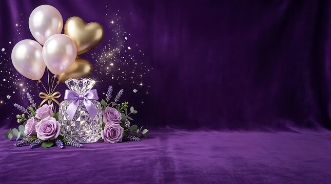 Elegant happy birthday background with purple balloons and sparkling confetti decorations for a festive celebration event