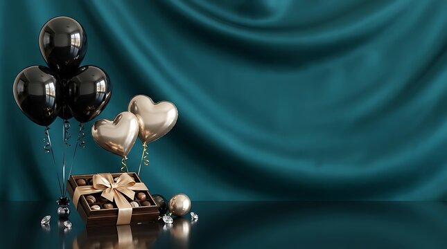 Elegant happy birthday celebration background with black and gold balloons on a luxurious dark green fabric backdrop
