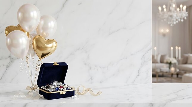 Elegant happy birthday background with balloons and a gift box in a luxurious white room setting