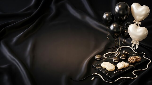 Elegant happy birthday background with black balloons and white heart decorations on a dark silk fabric