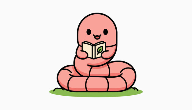 Happy pink earthworm reading a nature book on green grass