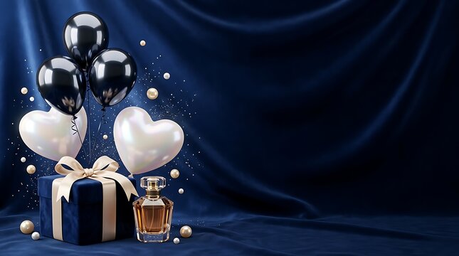 Elegant happy birthday background with black and white balloons gift box and perfume on blue fabric