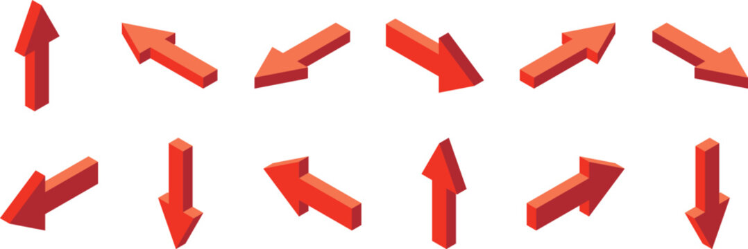 Collection of red 3d isometric arrow symbols pointing in various directions for navigation and flow charts.