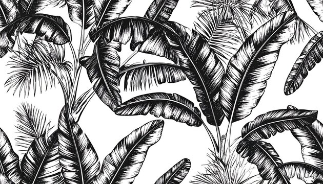 Black and white seamless pattern of tropical banana and palm leaves in hand-drawn engraving style on white background