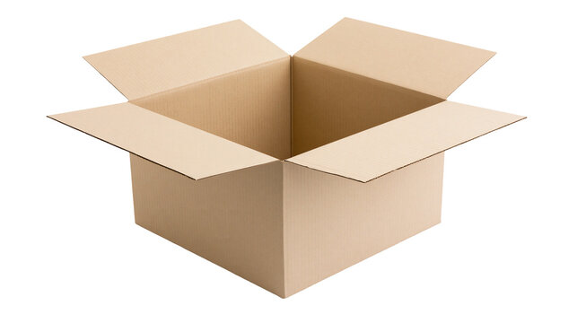 Open brown cardboard box with flaps extended, isolated on transparent background