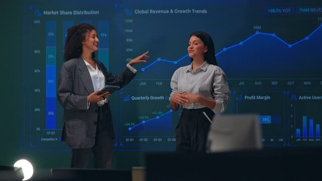 Business woman presentation chart data in office screen analytics corporate professional meeting teamwork financial graph digital workplace calm modern collaboration