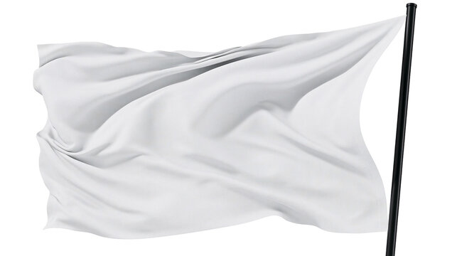 Waving white fabric flag attached to a black pole, isolated on transparent background