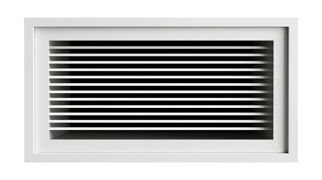 Rectangular white air vent with horizontal black slats, isolated on transparent background