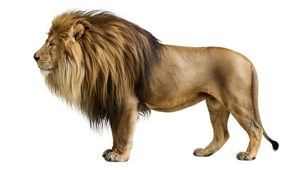 Majestic male lion with full mane standing profile view, isolated on transparent background © PNGera