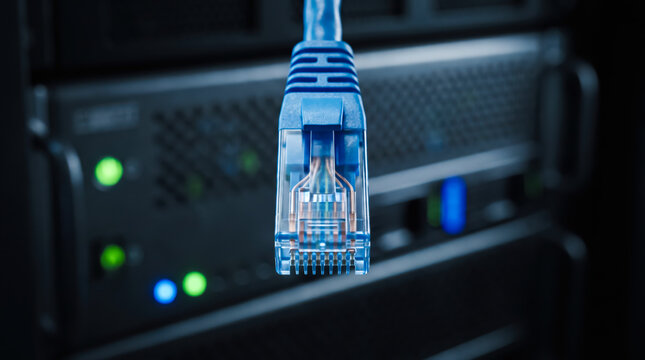 Blue Ethernet Cable Connector Plugged Into A Network Server Rack
