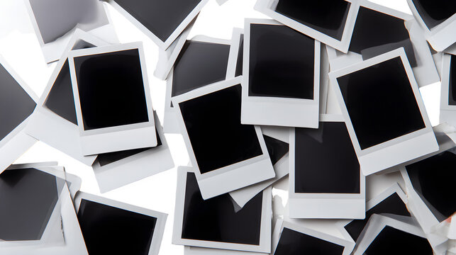 Scattered pile of blank polaroid photos on white background with disorganized heap blank photos black centers photography nostalgia instant with square
