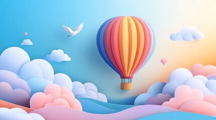 Obraz premium Colorful Hot Air Balloon Floating in Sky with Clouds and Doves