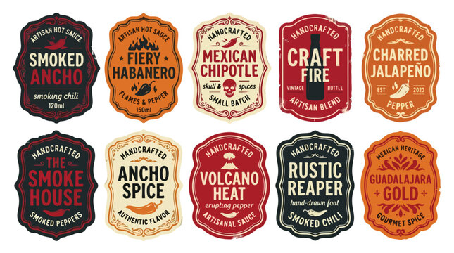 Vintage hot sauce labels, set of 10 handcrafted chili pepper stickers, rustic mexican chipotle and habanero condiment badges, vector food packaging