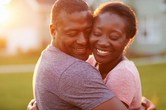 Joyful Black Couple Embracing Warmly Outdoors at Sunset, Celebrating Love and Connection
