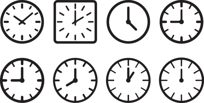 Eight different analog clock designs with various styles Vector