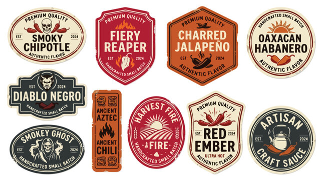Vintage hot sauce labels, 10 spicy chili pepper branding badges, rustic food packaging stickers, retro artisanal condiment vector set