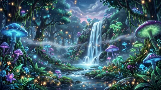 Magical fantasy forest filled with giant glowing mushrooms, cascading crystal waterfall, shimmering mist, floating fairy lights, 4K video