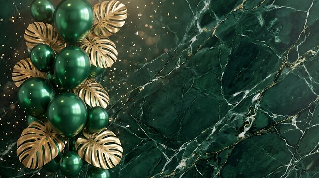 Elegant happy birthday background with green ornaments and golden tropical leaves on a dark marble surface