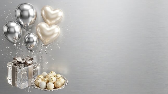 Elegant happy birthday celebration background with silver heart shaped balloons and gift boxes on a grey surface