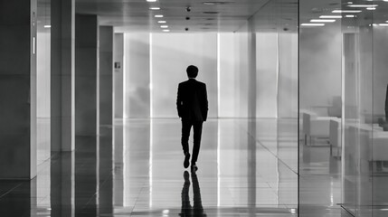 Fototapeta premium Lone businessman in suit walking down modern illuminated office hallway with reflections