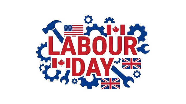 Labour Day celebration graphic. International worker holiday design with tools and flags.